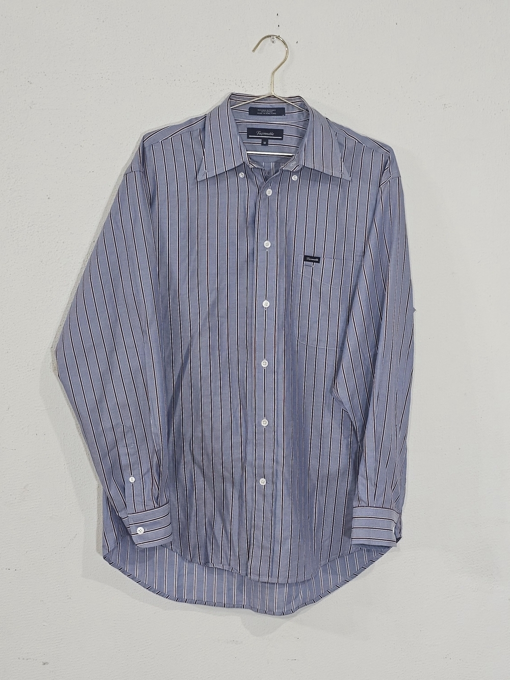Faconnable Men Shirt M Button Down Blue Burgundy Stripe 100% Cotton France Brand